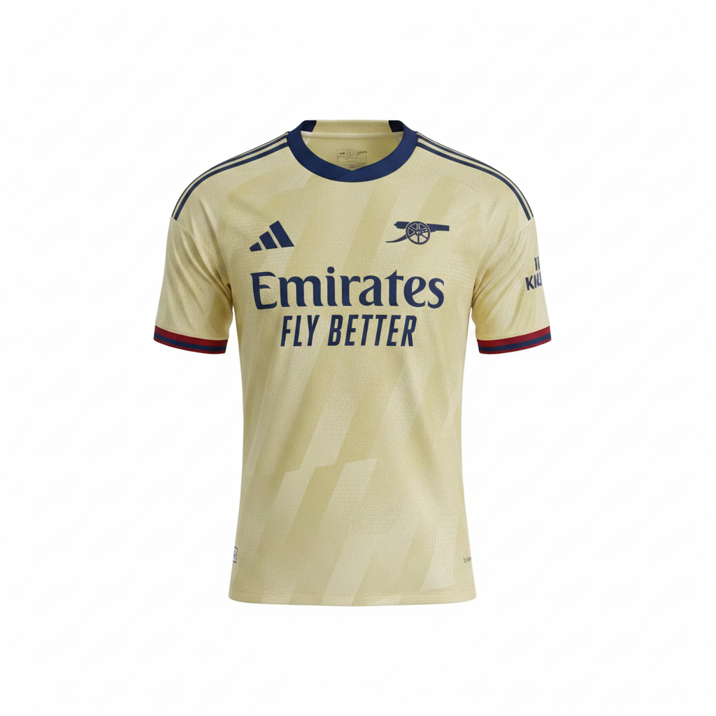 Pale yellow jacquard texture football jersey ghost mannequin front view - navy red collar, cannon badge, navy chest print