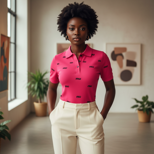 Women's Logo Print Polo Top – Model Shot Hot Pink