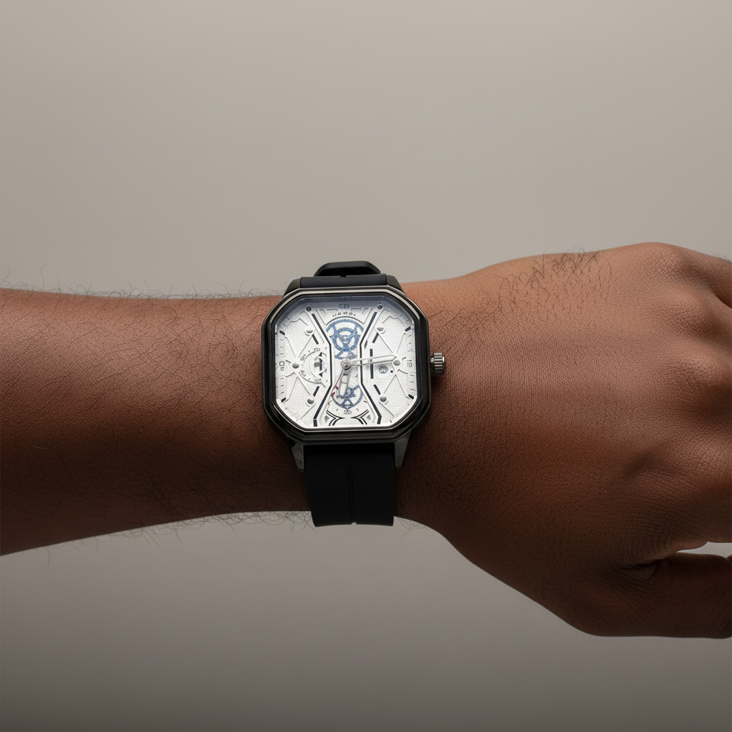 White dial black square skeleton-style wristwatch worn on a Black man's wrist