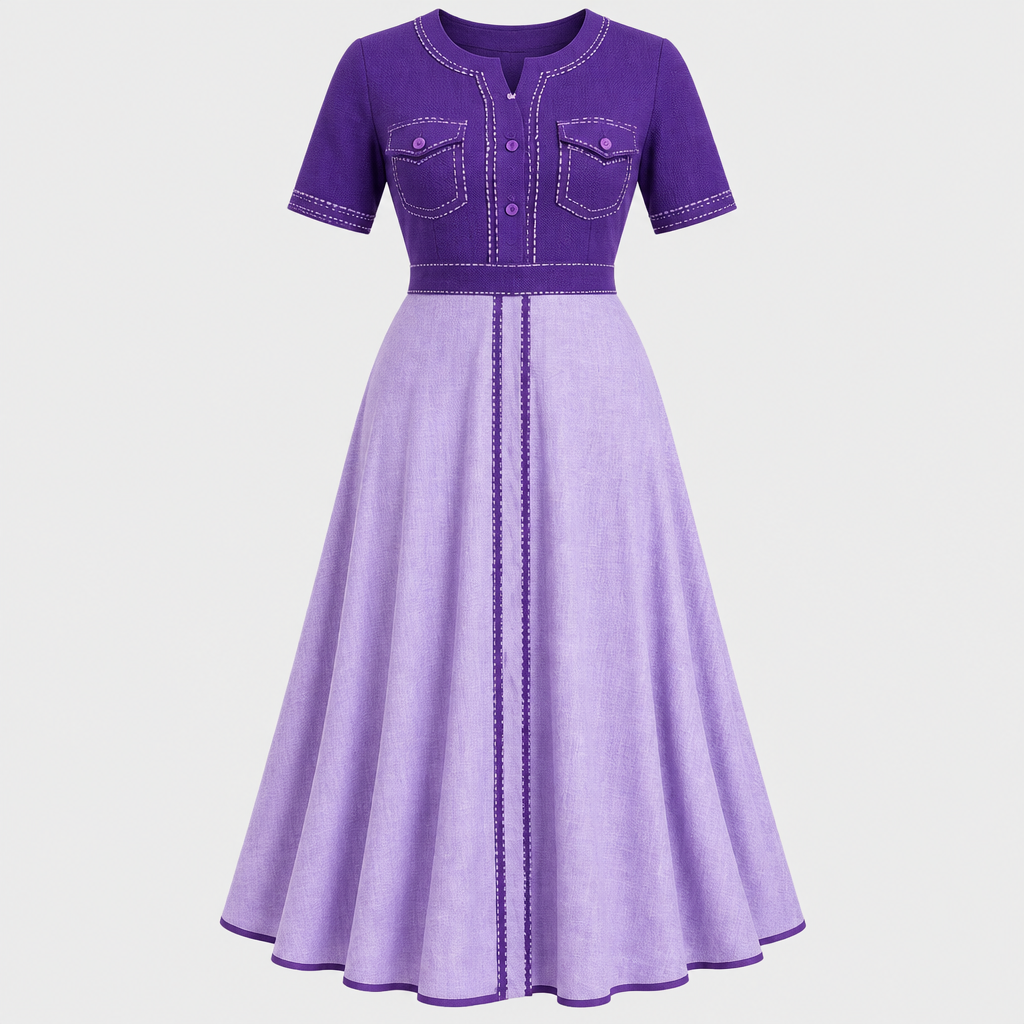 Purple two-tone short-sleeve flared dress on invisible mannequin