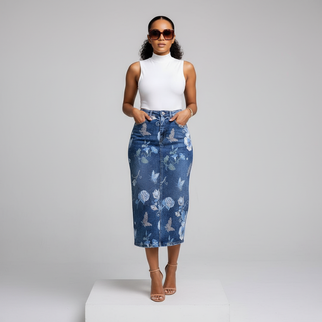 Floral Butterfly Print Rhinestone Midi Denim Skirt – Model Front