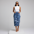 Floral Butterfly Print Rhinestone Midi Denim Skirt – Model Front