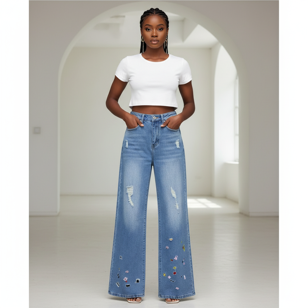 Nigerian female model wearing light blue ripped wide-leg jeans with cartoon sticker embroidery front view