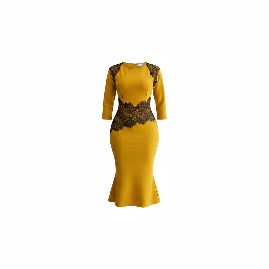Ghost mannequin view of Women's Mustard Yellow Lace-Shoulder Mermaid Hem 3/4 Sleeve Bodycon Midi Dress