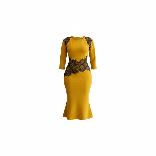 Ghost mannequin view of Women's Mustard Yellow Lace-Shoulder Mermaid Hem 3/4 Sleeve Bodycon Midi Dress