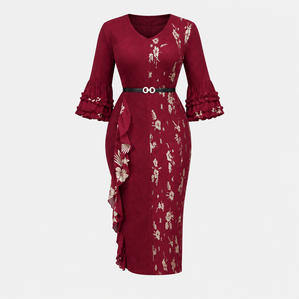 Ghost mannequin view of a burgundy floral midi gown with ruffle sleeves and a belted waist