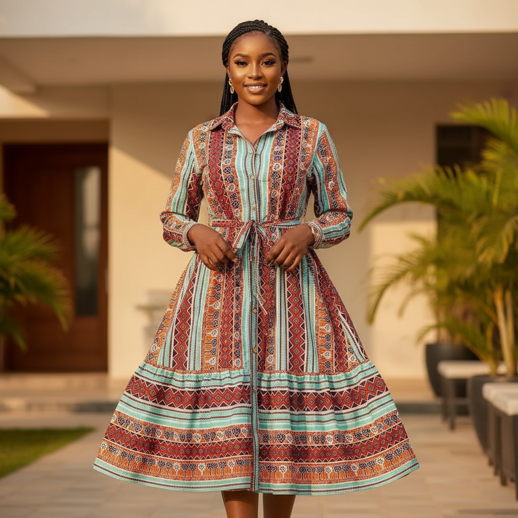 Tribal Stripe Midi Shirt Dress – Red & Teal – Model Shot