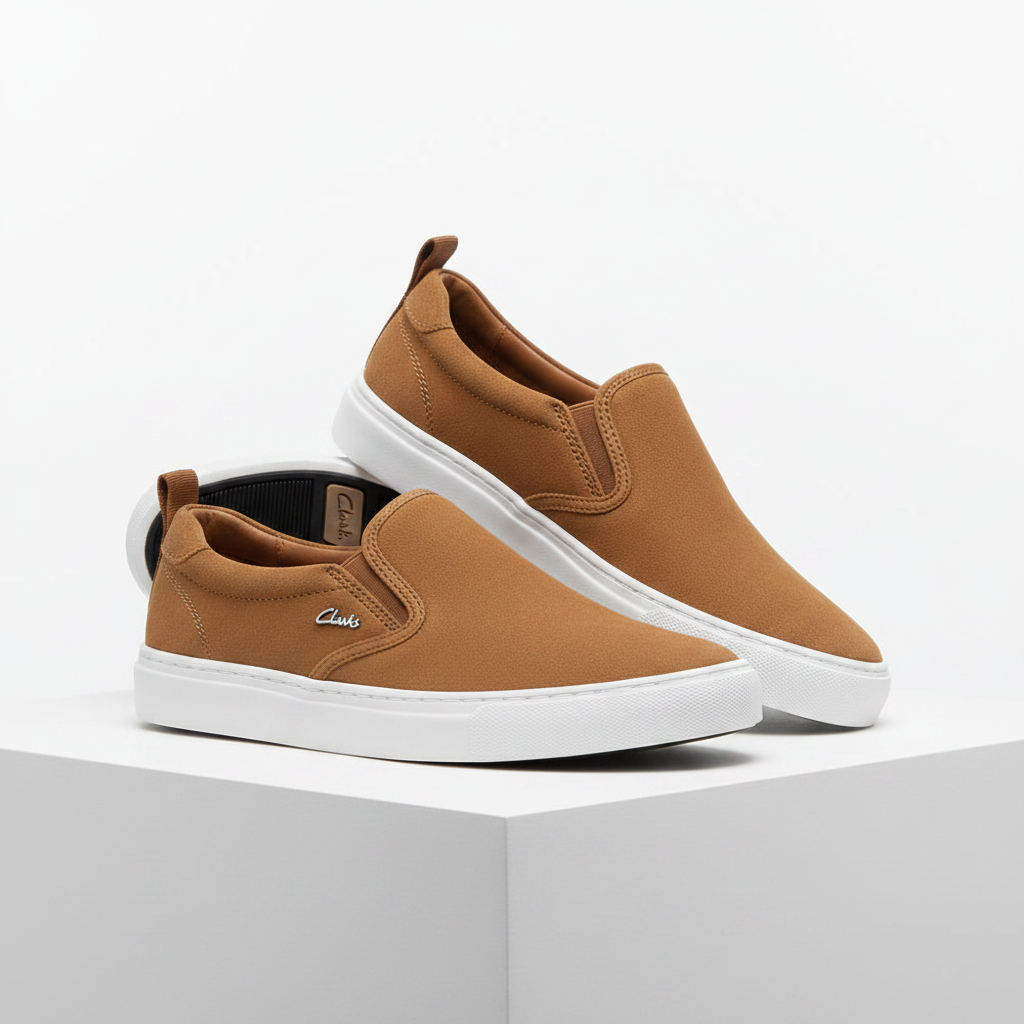 Men's tan brown suede slip-on sneakers pair on white platform