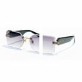 Ghost mannequin view — Rimless Rectangular Sunglasses Gold Bridge Black Temple Grey Lavender, front and side view