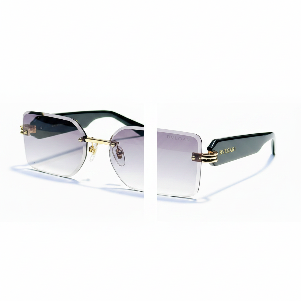 Ghost mannequin view — Rimless Rectangular Sunglasses Gold Bridge Black Temple Grey Lavender, front and side view