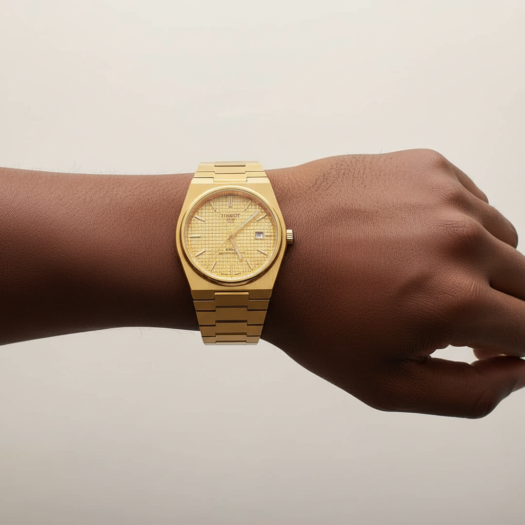 Nigerian male wrist wearing full gold champagne tapisserie dial dress watch