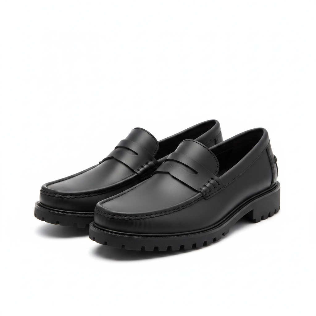 Pair of black leather penny loafers with chunky lug sole on a white background