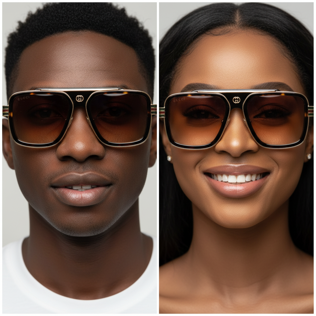 Male and female model dual shot — Oversized Square Sunglasses Tortoiseshell Black Gold
