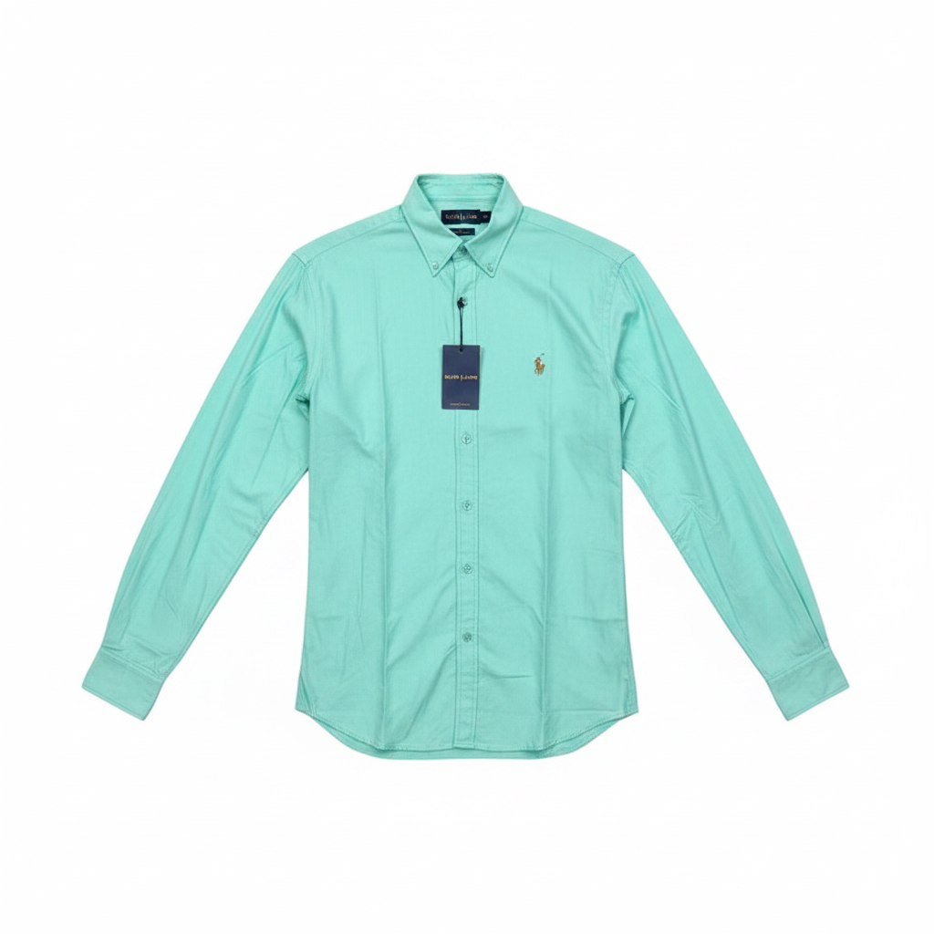 Men's mint green long-sleeve button-down casual shirt ghost mannequin front view