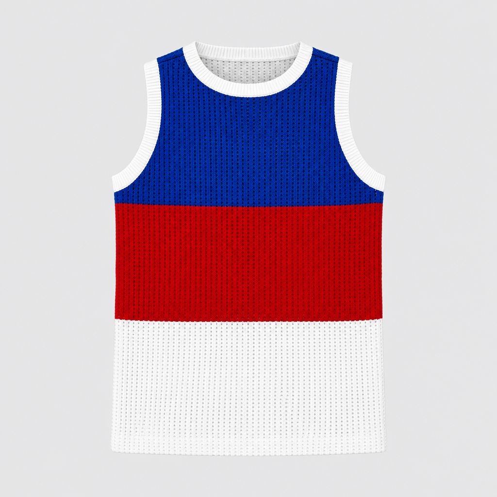 Ghost mannequin view of a blue red and white color-block sleeveless tank top