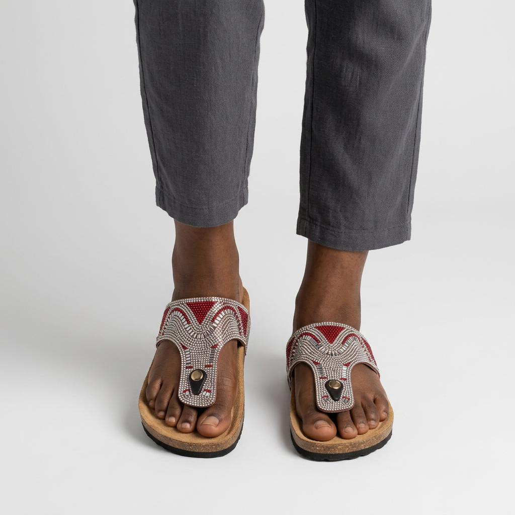 Woman wearing silver rhinestone and red bead slide sandals on a plain studio background