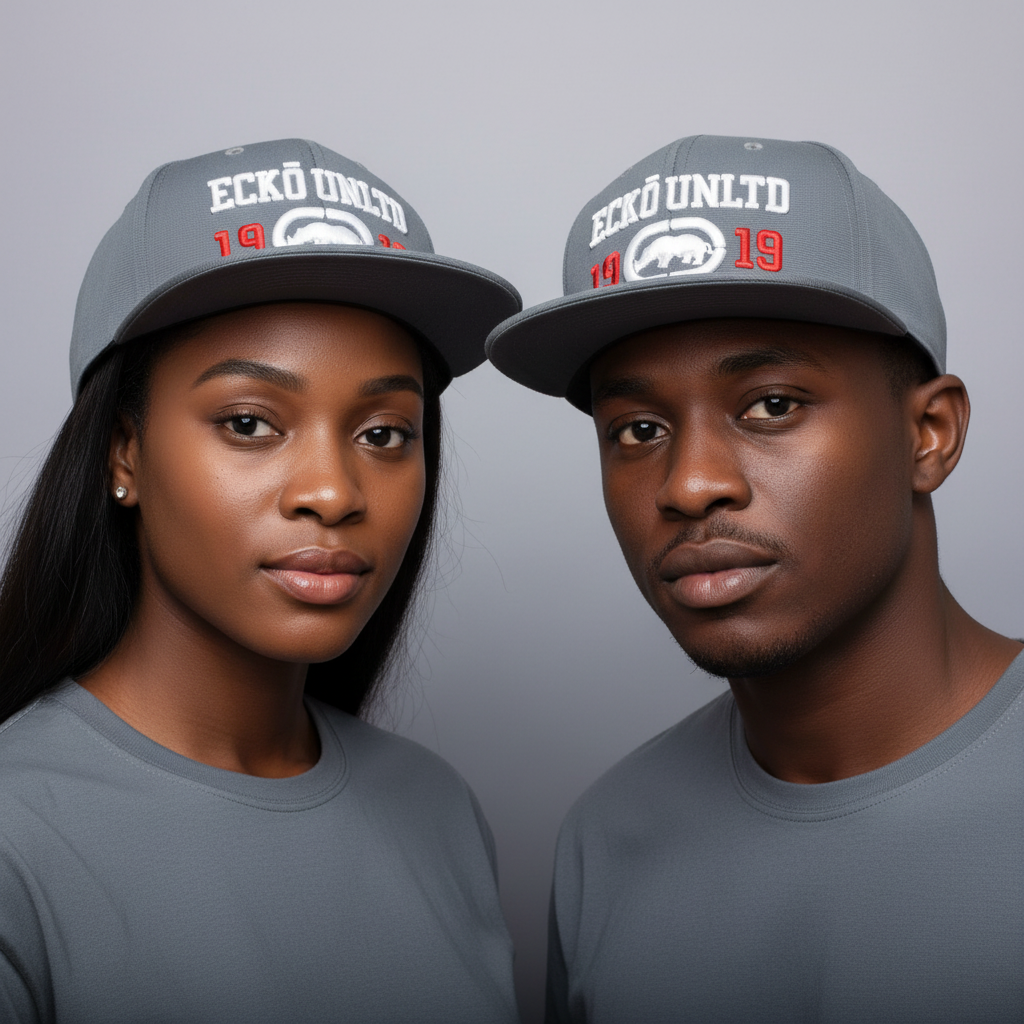 Nigerian male and female models wearing slate grey Eckō Unltd rhino flat-brim snapback