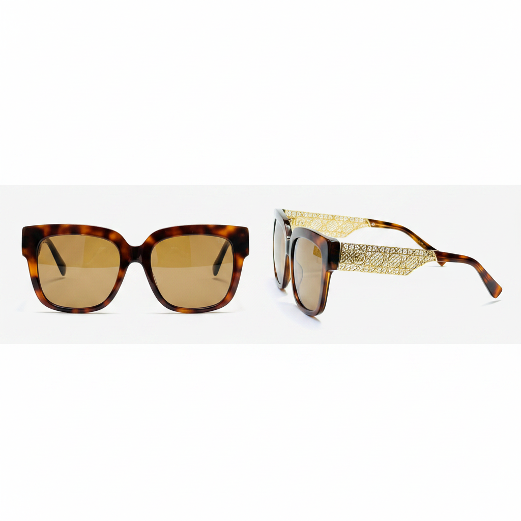 Unisex tortoiseshell square sunglasses with gold lattice temple – front and side ghost mannequin view on white background