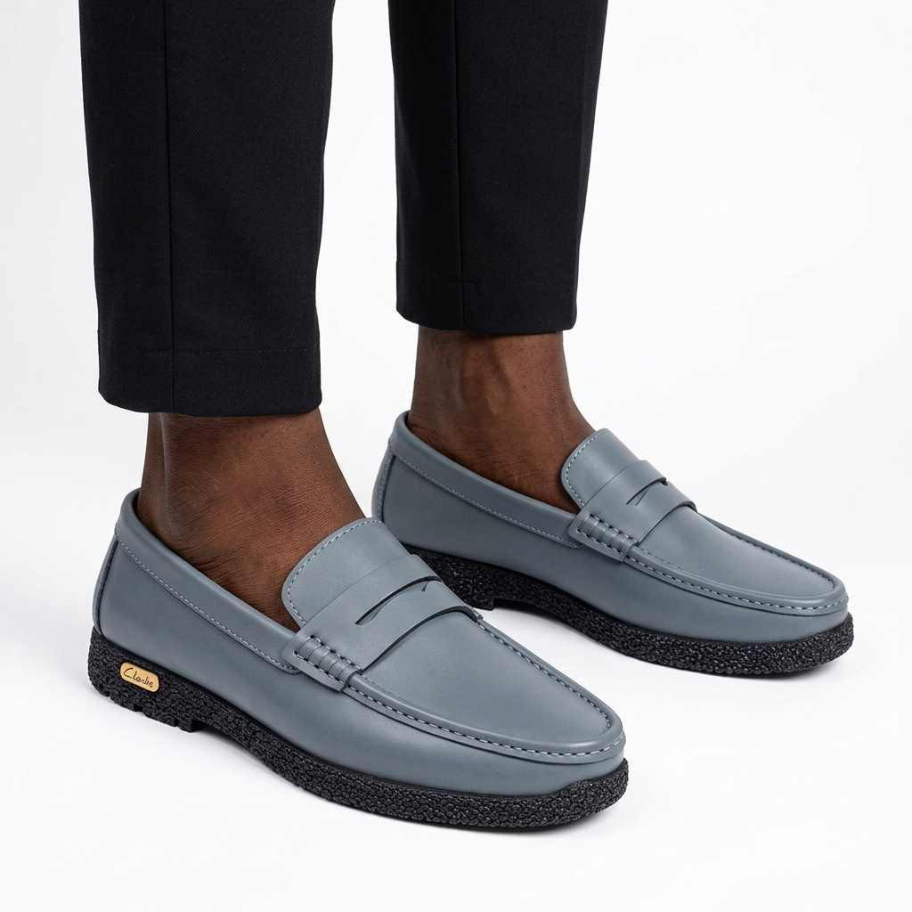 Slate grey penny loafers worn on both feet by a Black male model on a white studio background