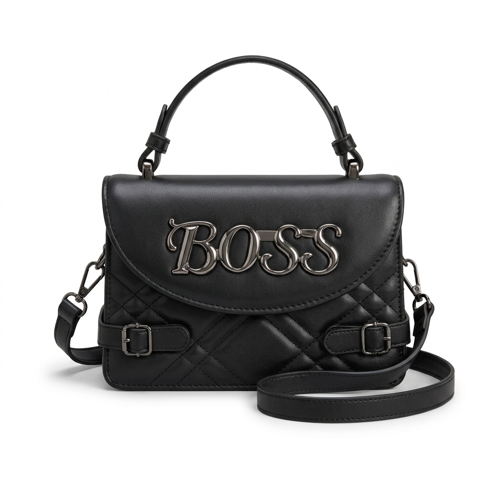 Black quilted letter-detail top-handle bag with long strap on white
