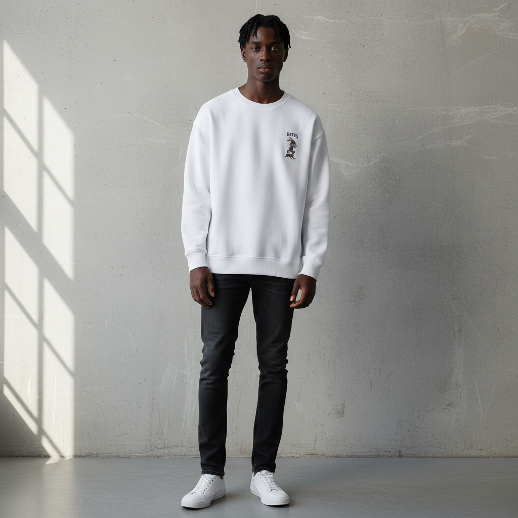 Male model wearing white BATES running bunny sweatshirt front view