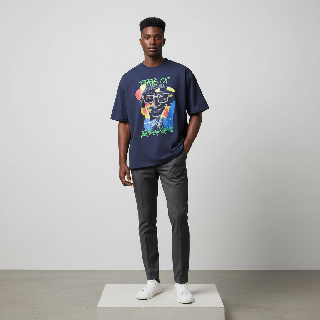 Navy Street Art Graphic Short-Sleeved Shirt - Model Front
