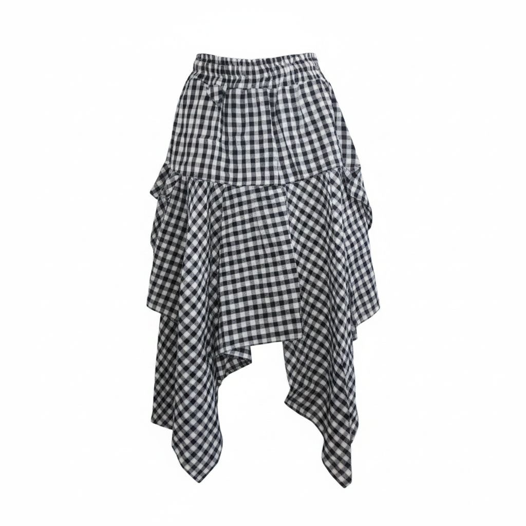 Ghost mannequin view of Women's Black & White Gingham Check Asymmetric Tiered Midi Skirt