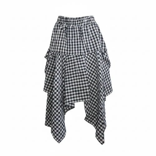 Ghost mannequin view of Women's Black & White Gingham Check Asymmetric Tiered Midi Skirt