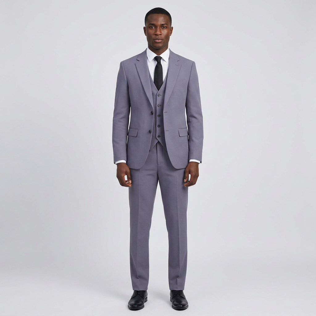 Full-body Black adult model wearing a slate grey three-piece suit