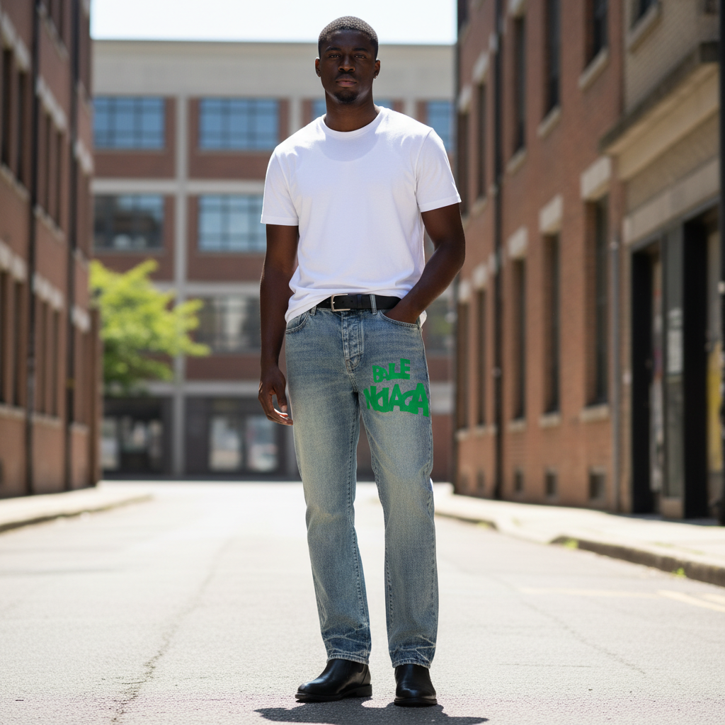 Nigerian model wearing Light Blue Acid-Washed Straight-Leg Green Graffiti Logo Print Jeans