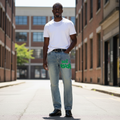 Nigerian model wearing Light Blue Acid-Washed Straight-Leg Green Graffiti Logo Print Jeans