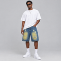 Medium Blue Heavily Distressed Denim Shorts – Model Shot