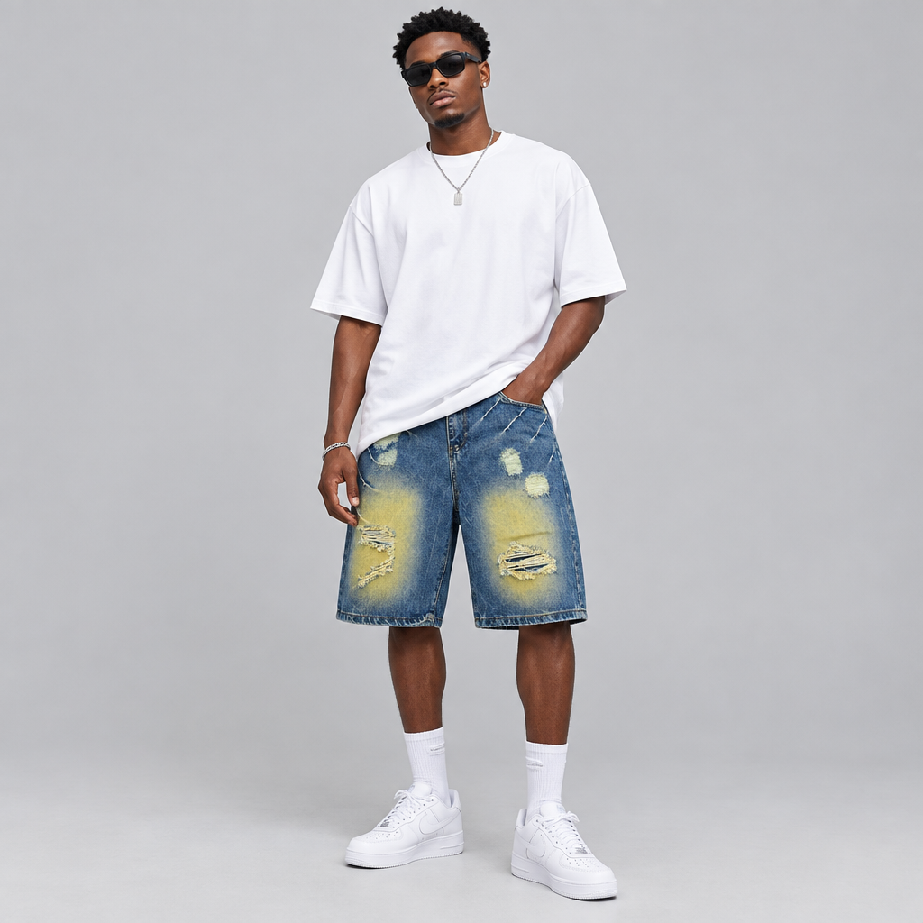 Medium Blue Heavily Distressed Denim Shorts – Model Shot