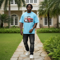 Nigerian male model wearing sky blue rally car graphic oversized tee – front view