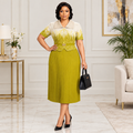 Adult Black woman wearing lime green collared pleated dress