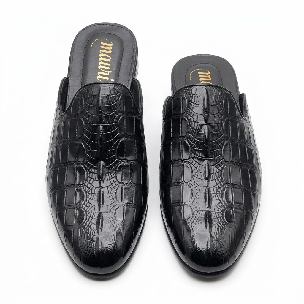 Pair of men’s black crocodile-textured mule shoes