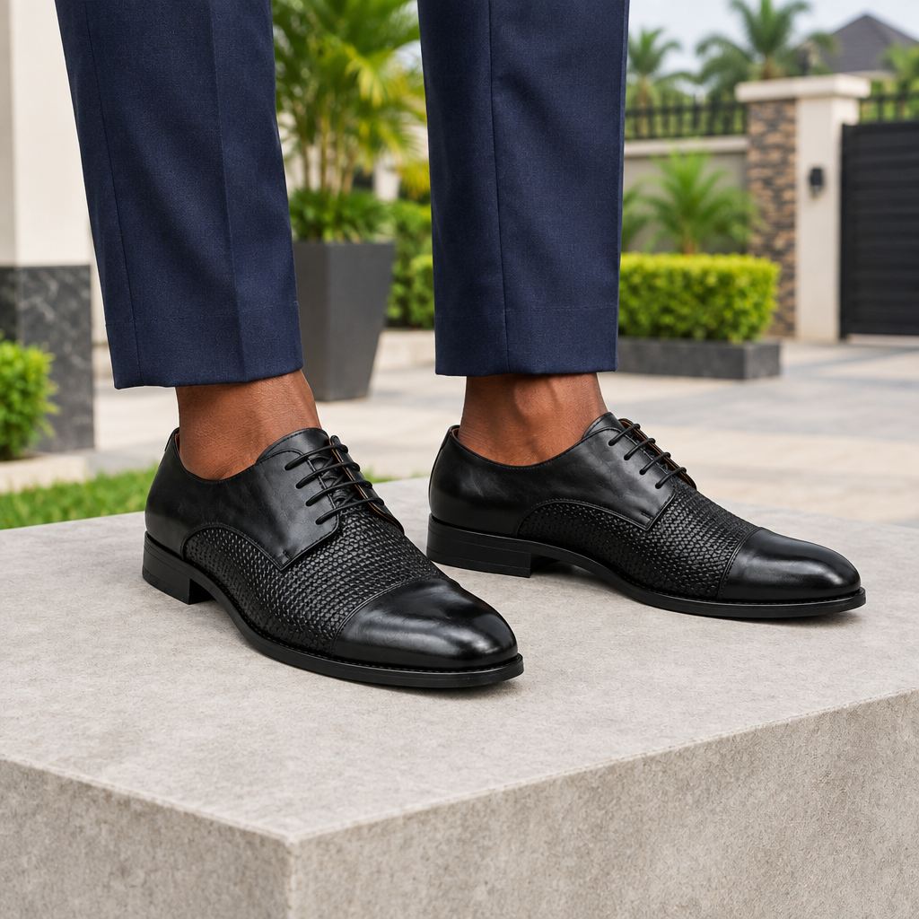 Man wearing black woven cap toe Derby shoes with navy tailored trousers