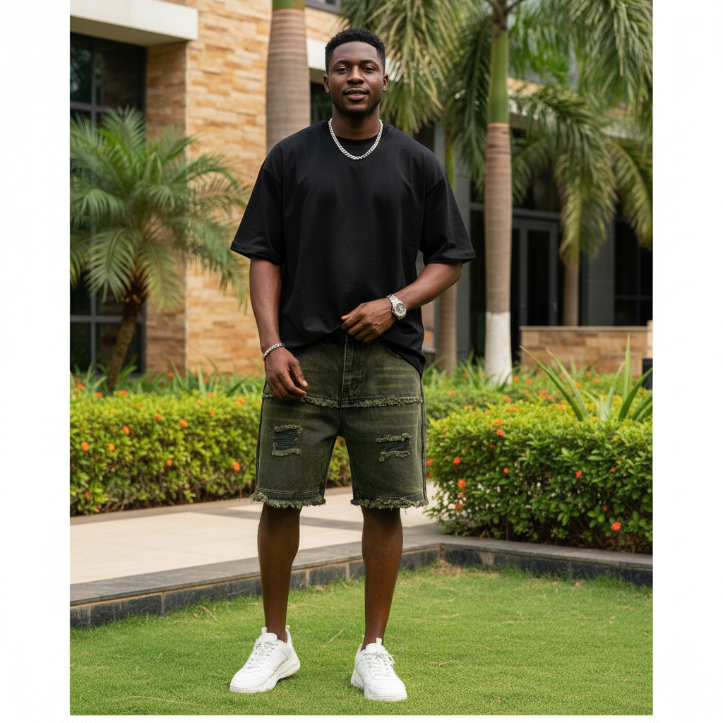 Nigerian male model wearing olive green acid wash frayed hem distressed denim shorts in upscale outdoor setting