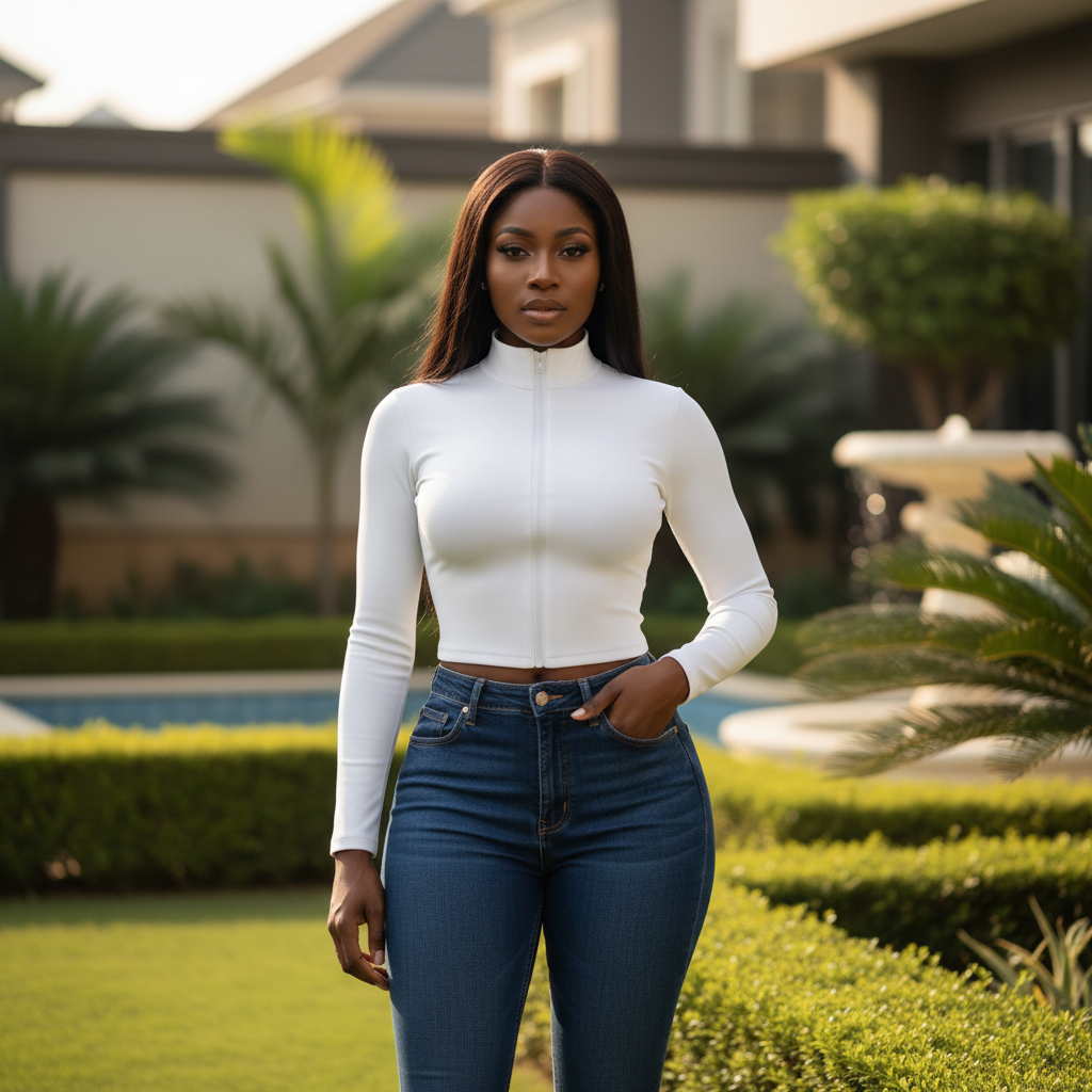 White cropped mock neck zip top - front model view