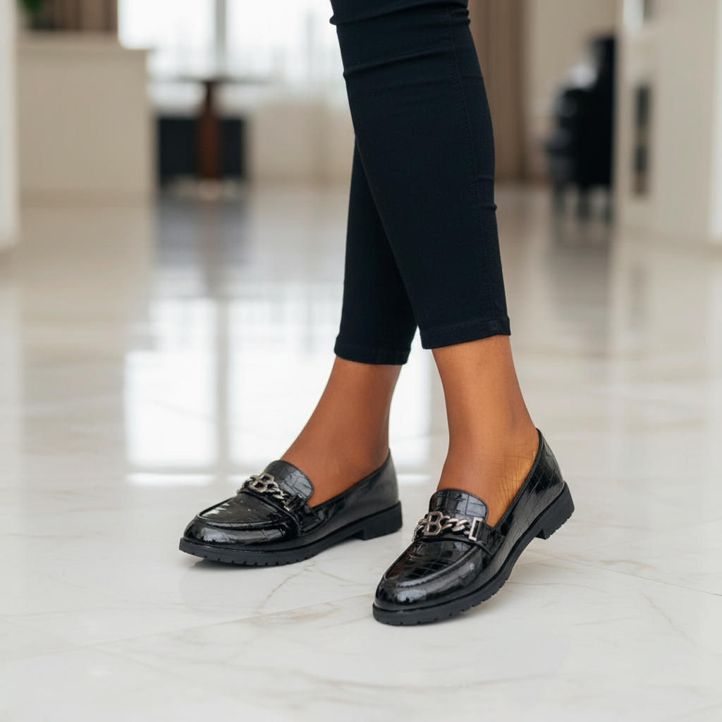 Layinka Store Black Croc Patent Letter-Chain Loafers – Model Shot