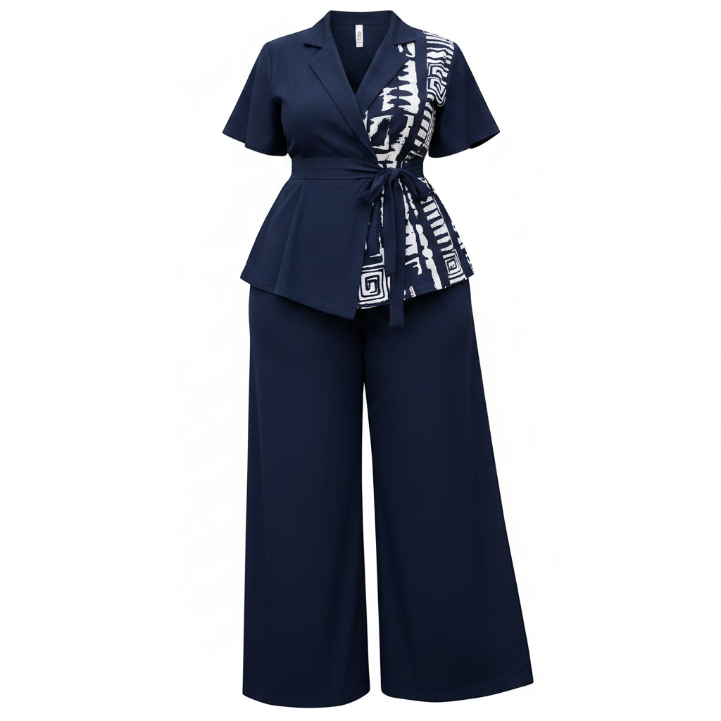 Women's printed-panel wrap top co-ord set in navy blue – ghost mannequin front view