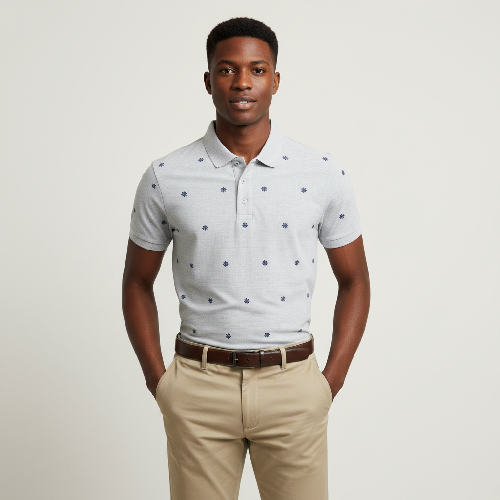 Nigerian model wearing grey ship wheel print polo shirt