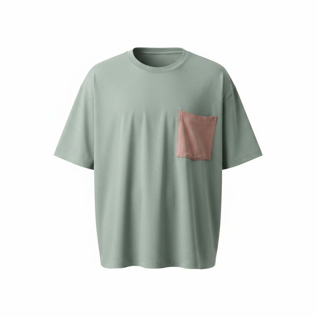 Ghost mannequin view of sage green oversized t-shirt with dusty rose contrast chest pocket