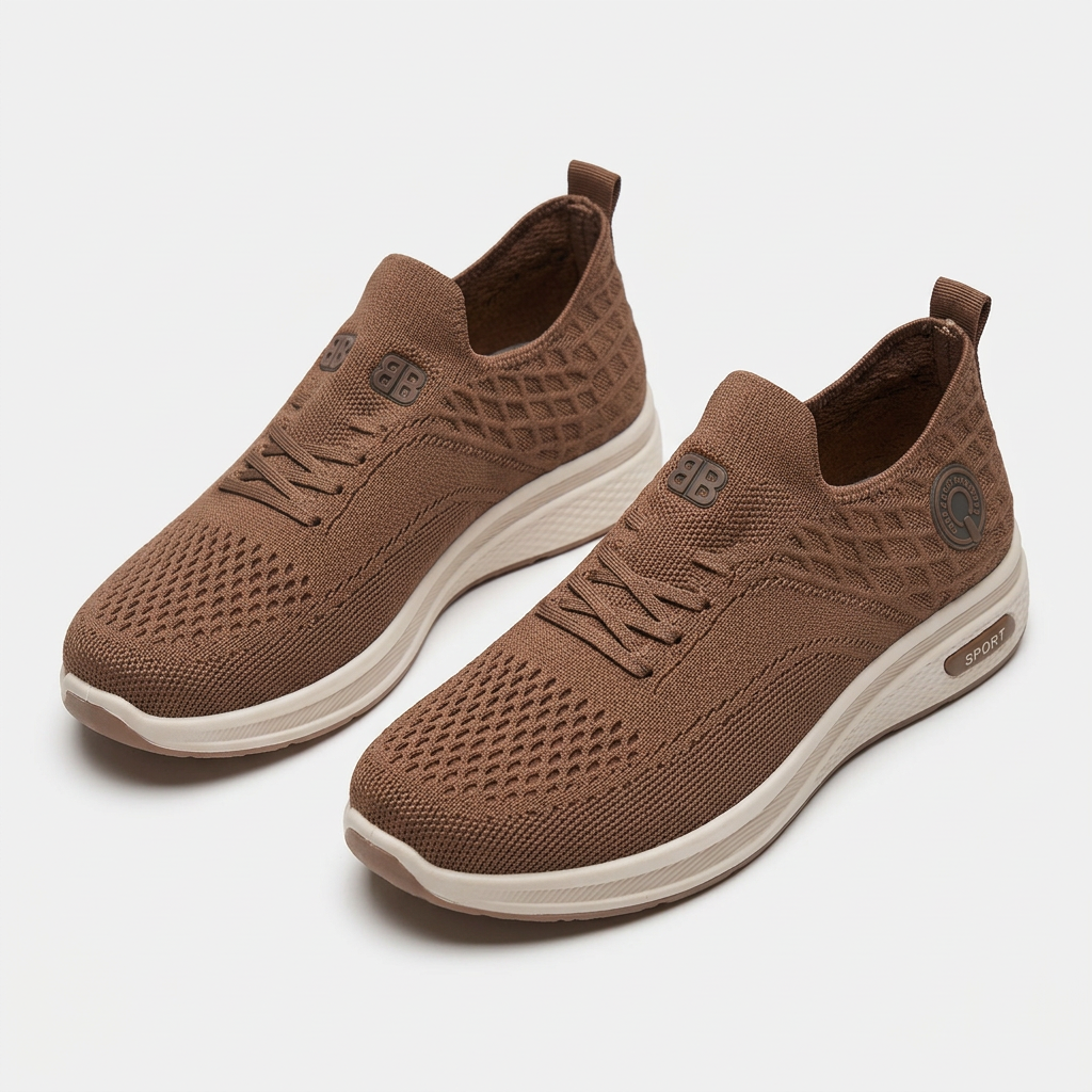 Pair of brown knit lace-up sneakers on white