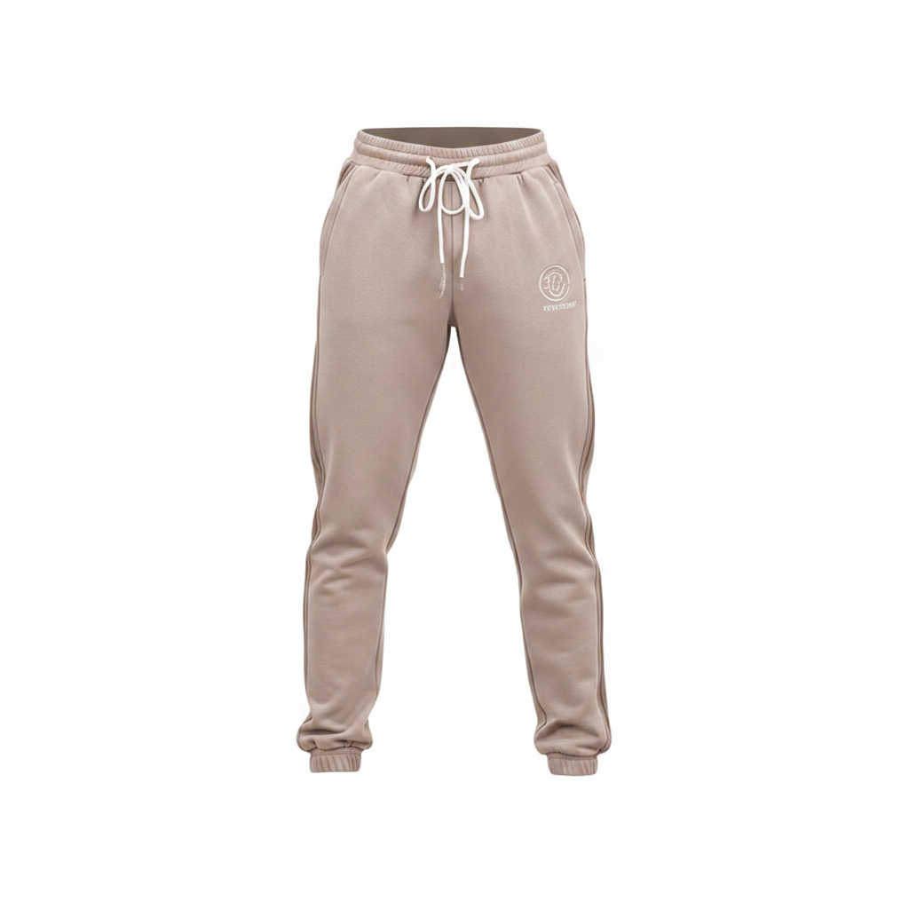 Unisex beige tapered jogger trousers with drawstring waist ghost mannequin view