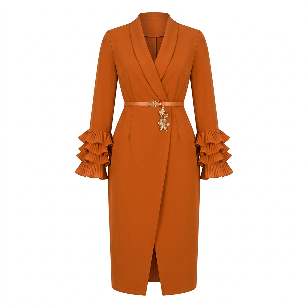 Orange belted ruffle-cuff wrap-style midi dress, ghost-mannequin view