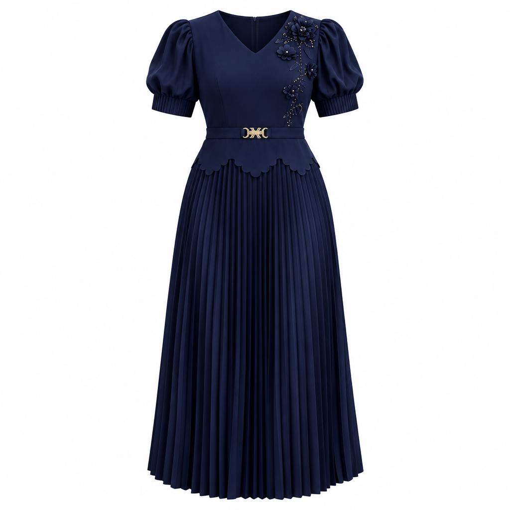 Navy floral-shoulder pleated dress on white background