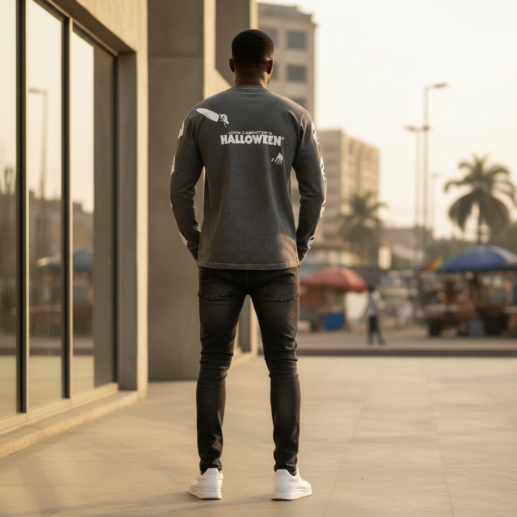 Halloween Long Sleeve Tee back view on Nigerian male model