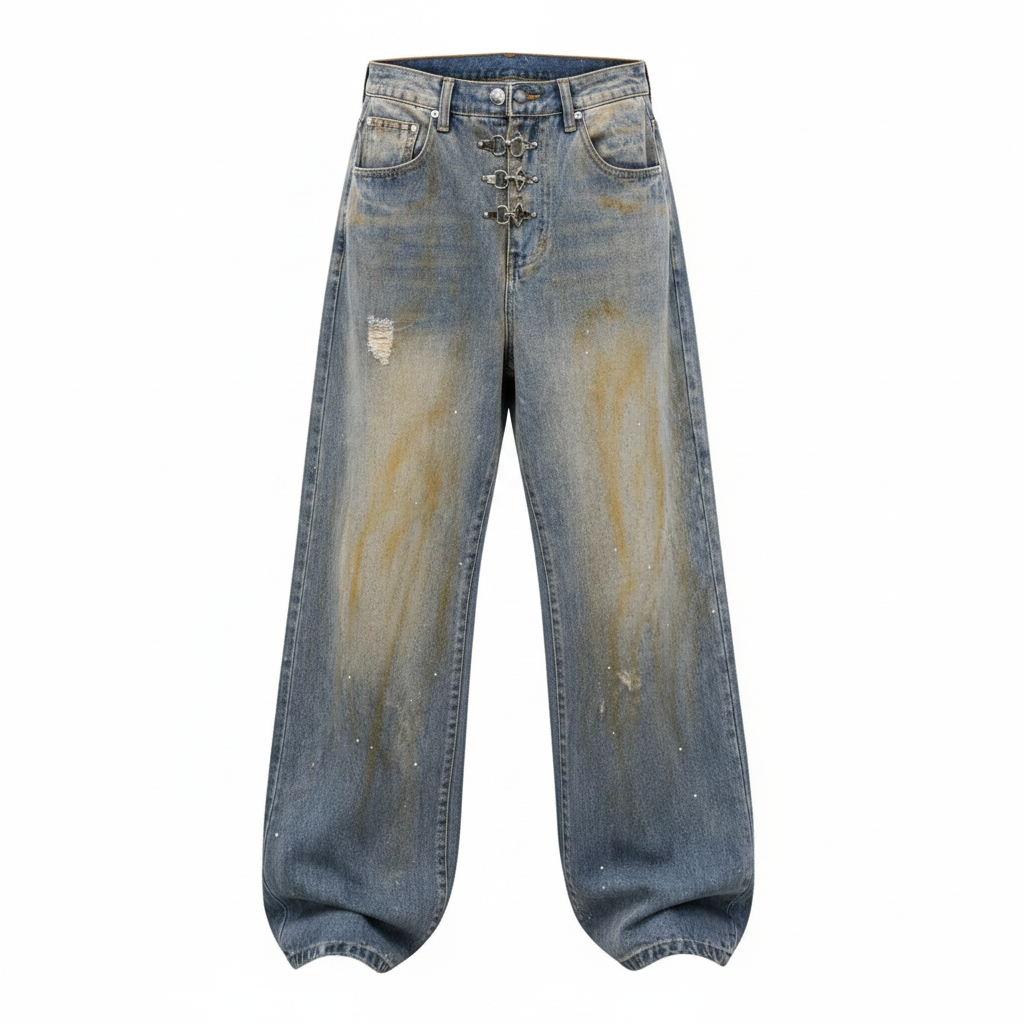 Men's vintage washed wide-leg baggy denim jeans with sand distressing, glitter flecks and silver chain-link waistband hardware, ghost mannequin front view