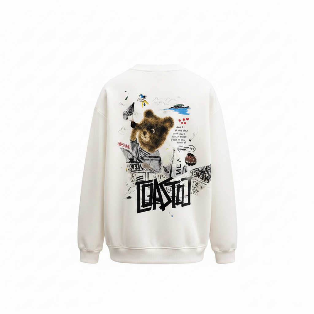Unisex white sweatshirt with teddy bear collage and graffiti lettering back graphic – ghost mannequin back view